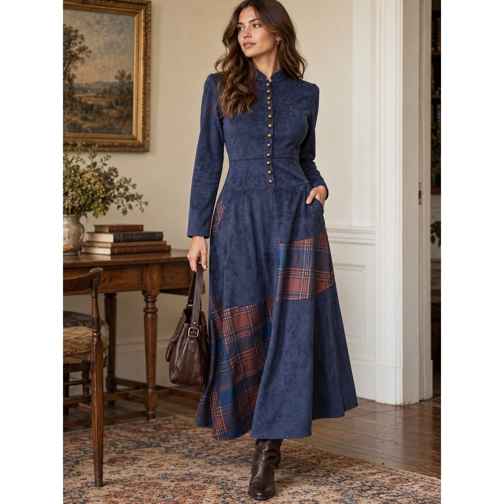 Navy Faux Suede Plaid Patchwork Maxi Dress L Cottagecore Renaissance Whimsigoth